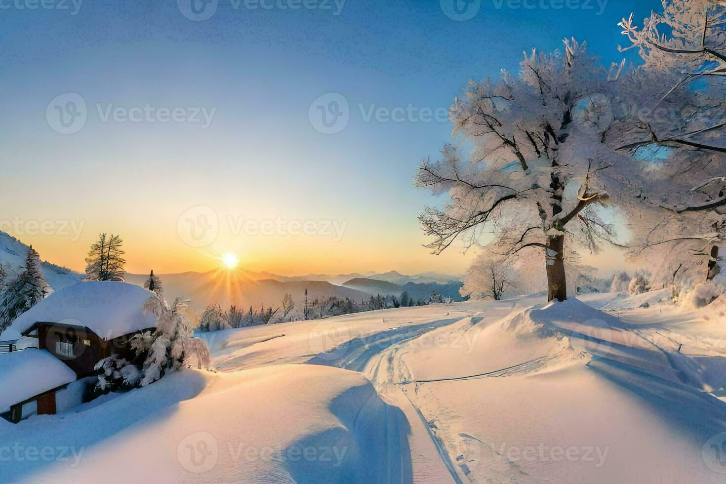 a snowy landscape with a house and trees at sunset. AI-Generated photo
