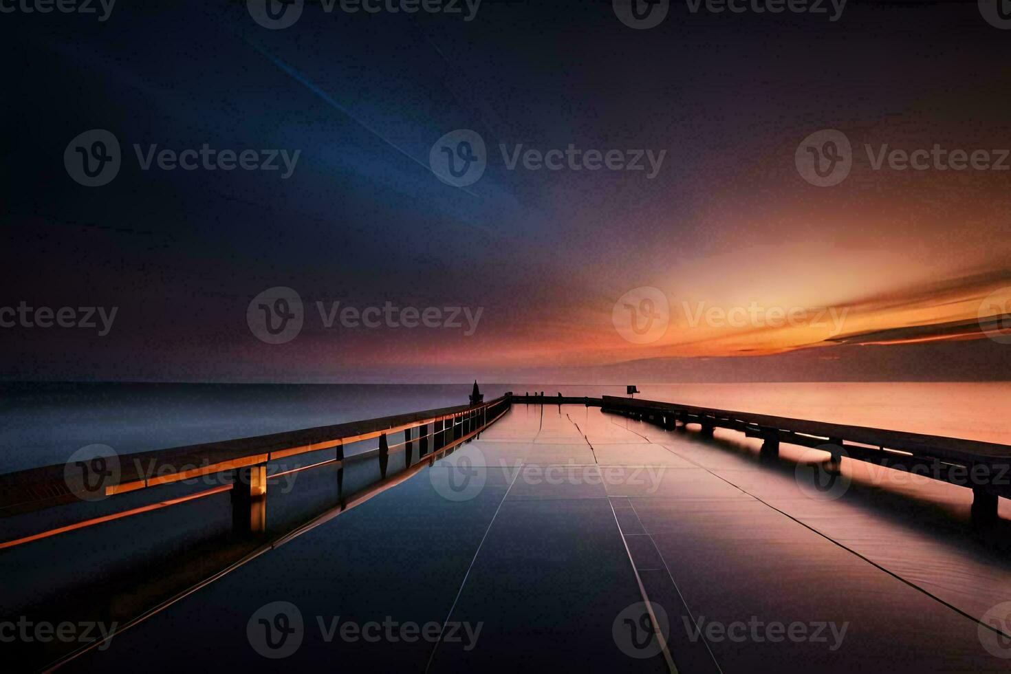 a pier with a long bridge leading to the ocean. AI-Generated photo