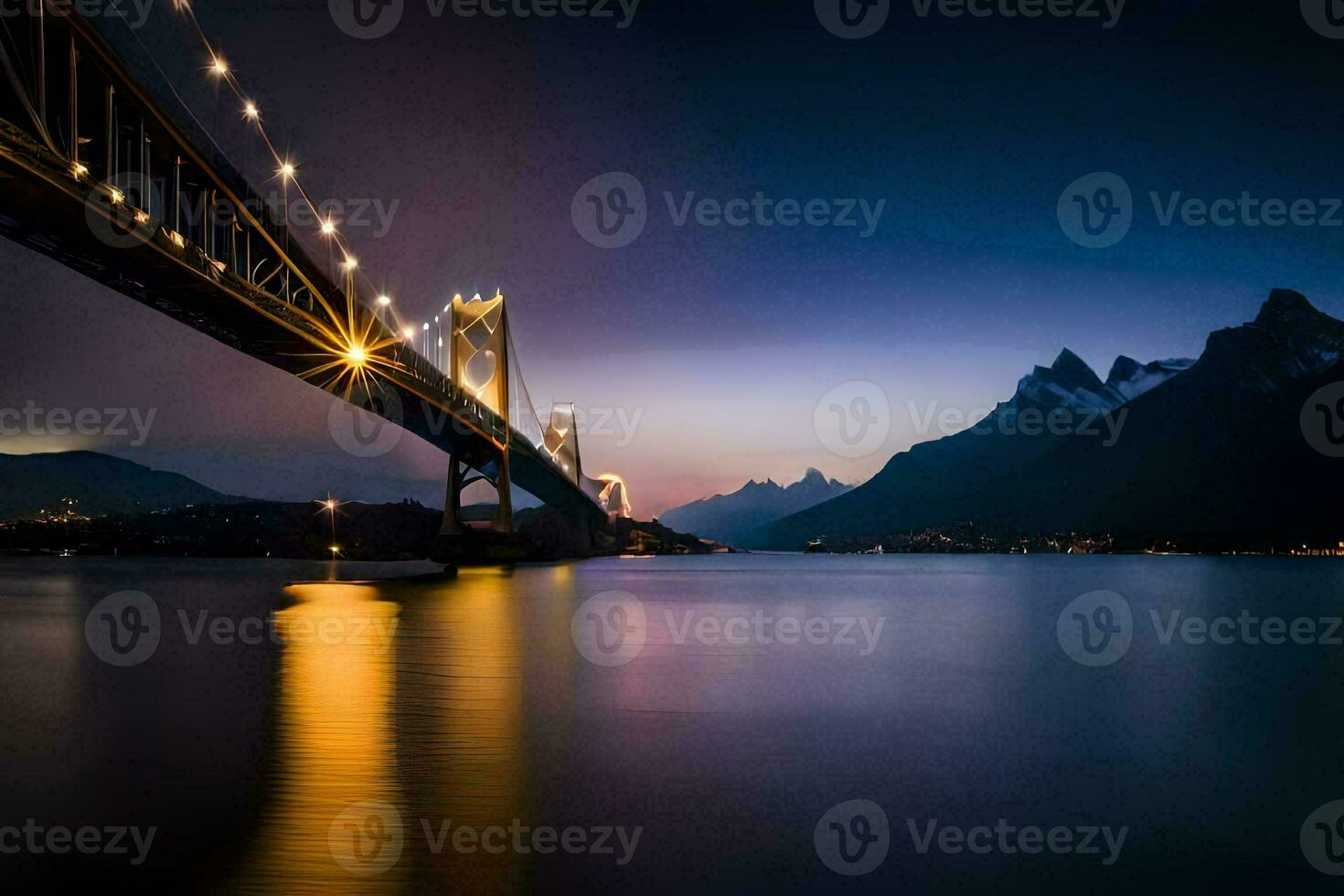 the bridge over the lake at night with mountains in the background. AI-Generated photo