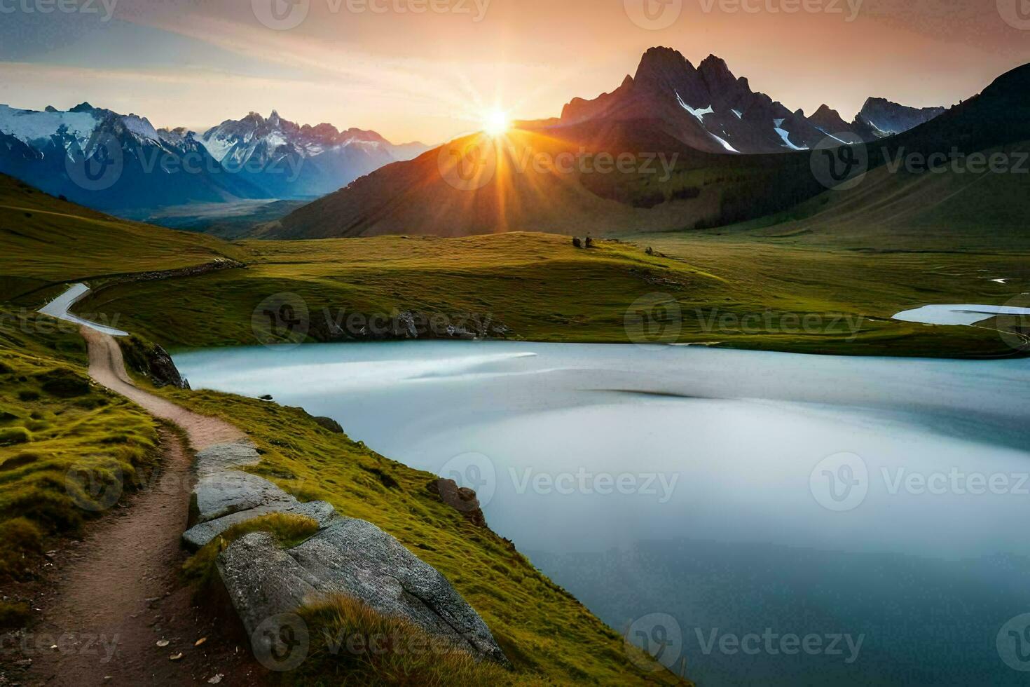 the sun rises over the mountains in the background. AI-Generated photo