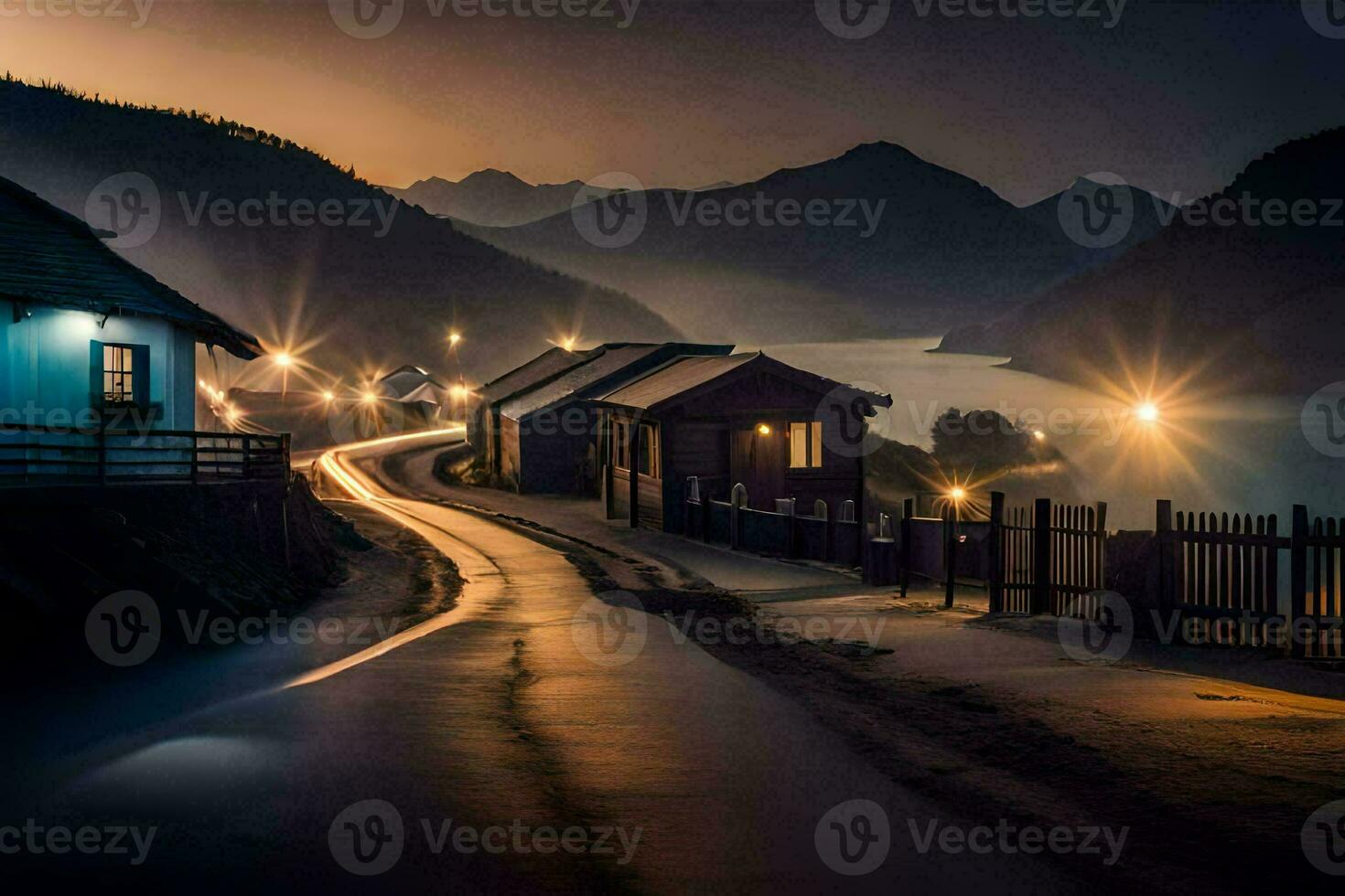 a long exposure photograph of a road at night. AI-Generated photo