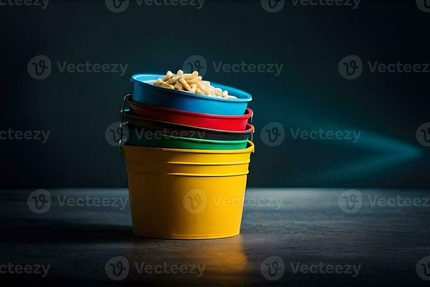 a stack of colorful plastic buckets on a dark table. AI-Generated photo