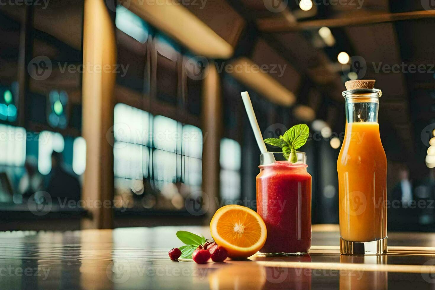 two bottles of juice and a glass of juice on a table. AI-Generated photo