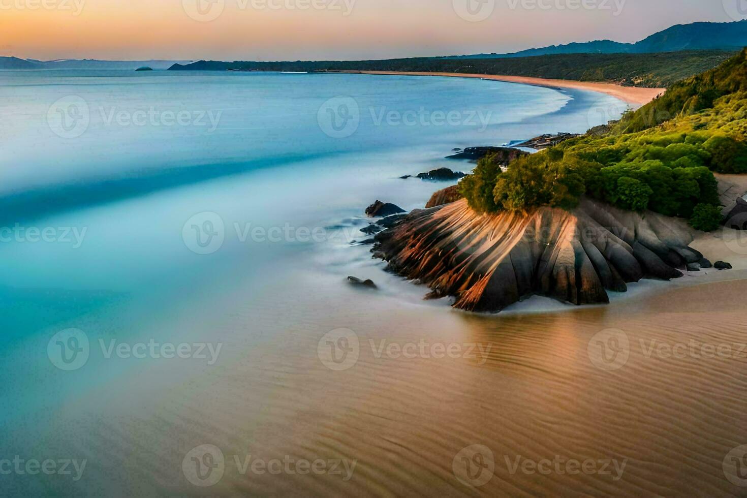 a beautiful beach at sunset with rocks and trees. AI-Generated photo