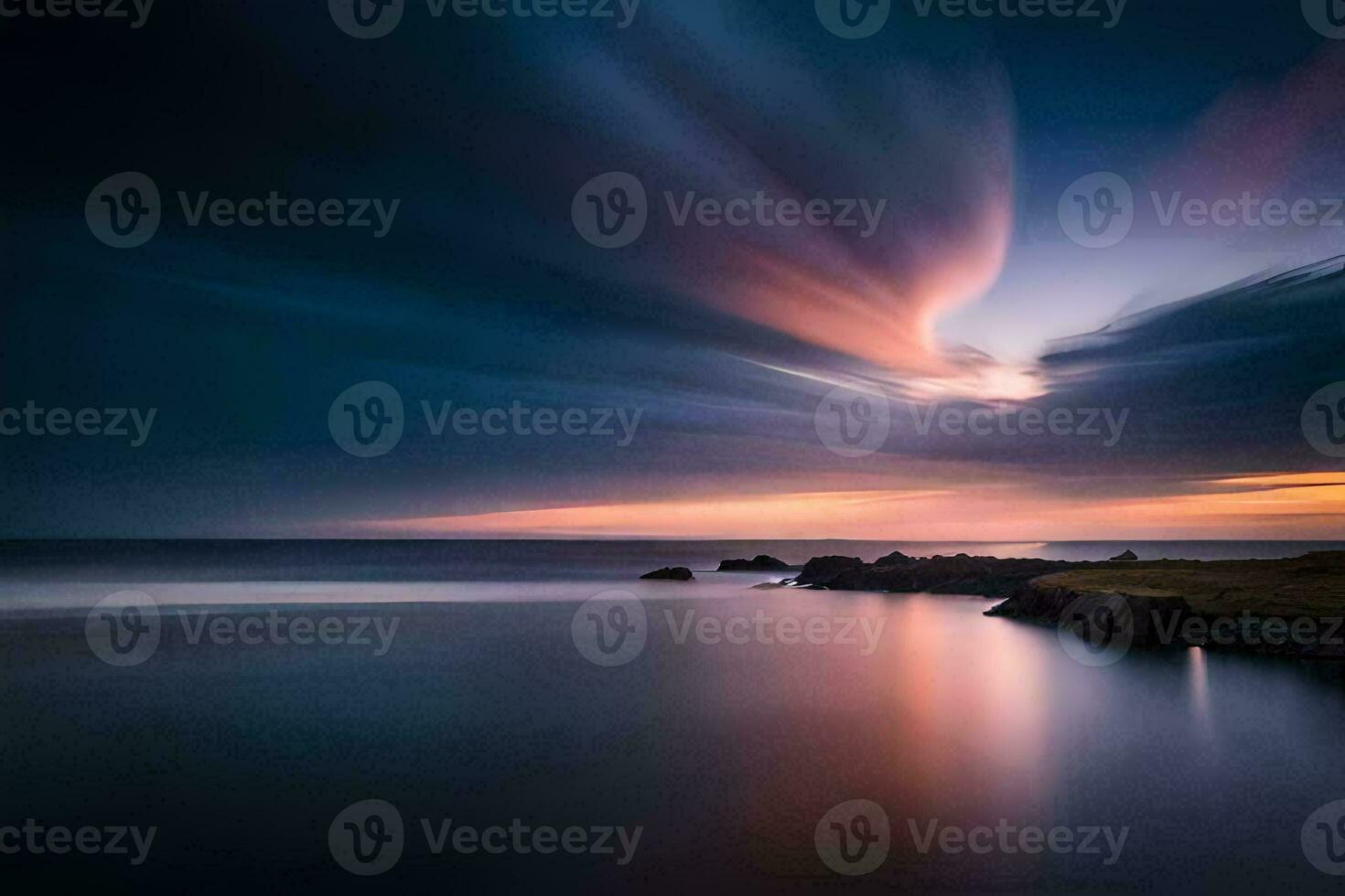 a long exposure photograph of the sunset over the ocean. AI-Generated photo
