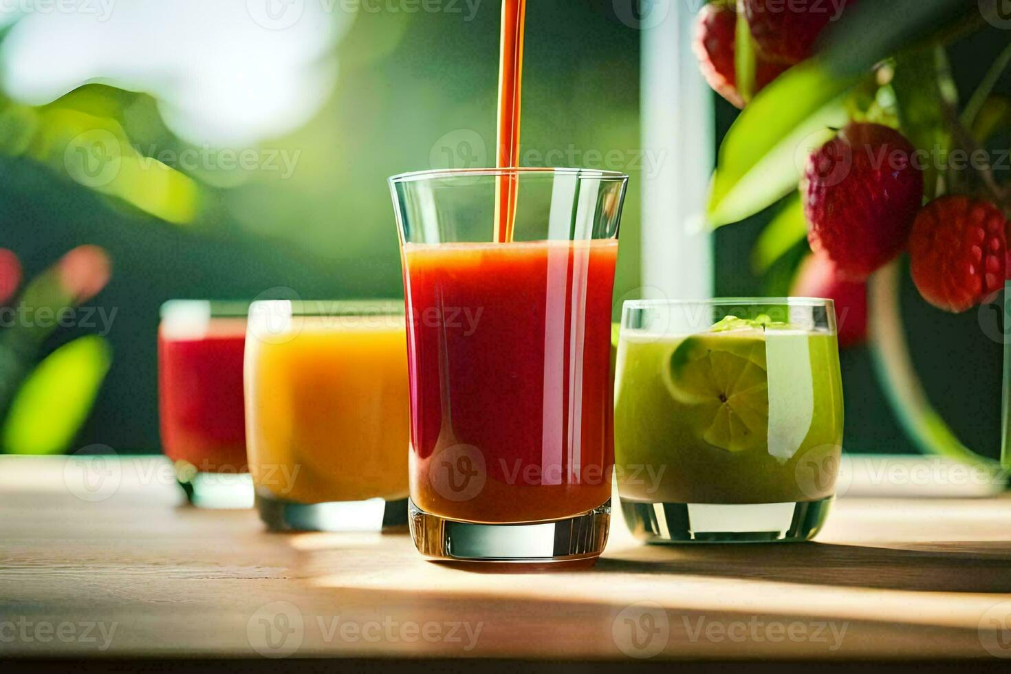 a glass of juice with strawberries and oranges. AI-Generated photo
