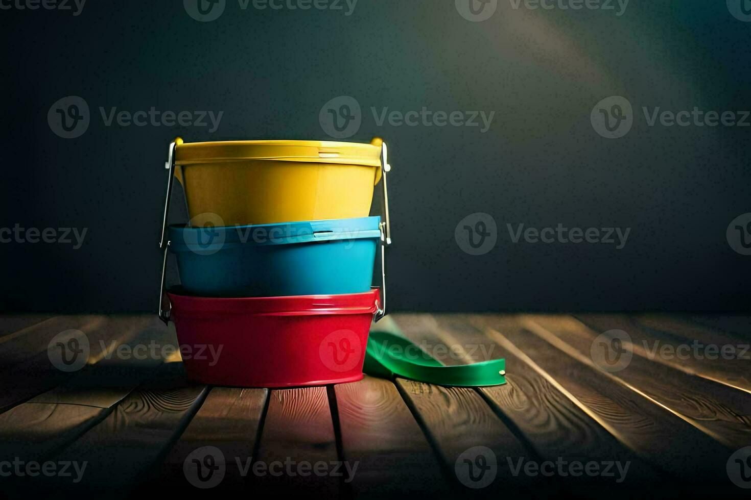 three colorful buckets on a wooden table. AI-Generated photo