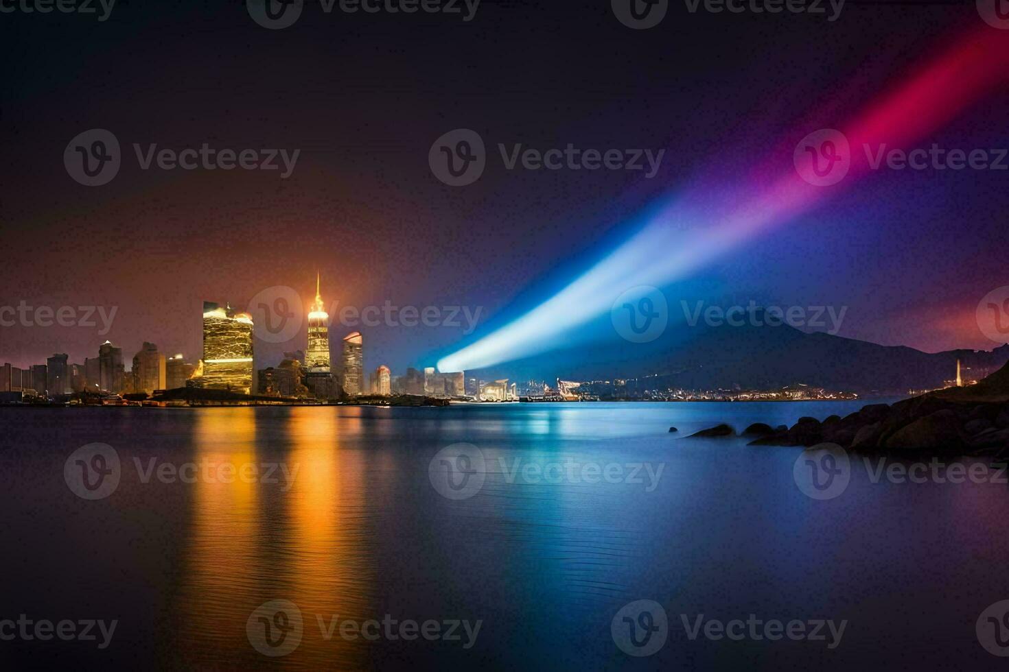 the city lights up in rainbow colors as it shines over the water. AI-Generated photo