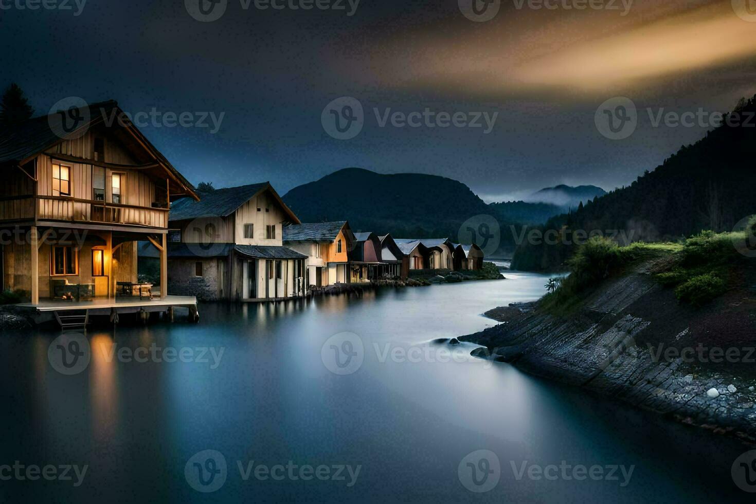 photo wallpaper the sky, water, mountains, house, lake, house, the dark, the. AI-Generated