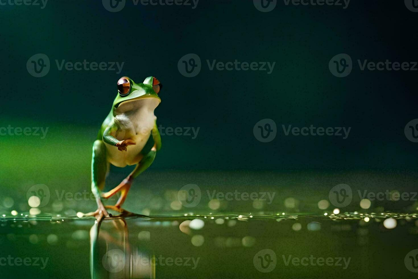 a frog standing on its hind legs in the water. AI-Generated photo