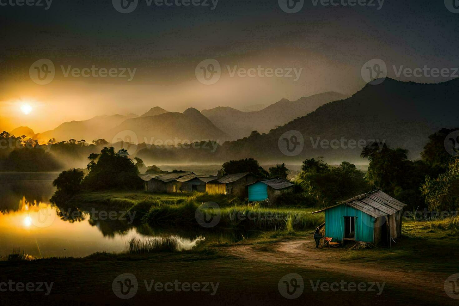 the sun rises over a lake and small houses. AI-Generated photo