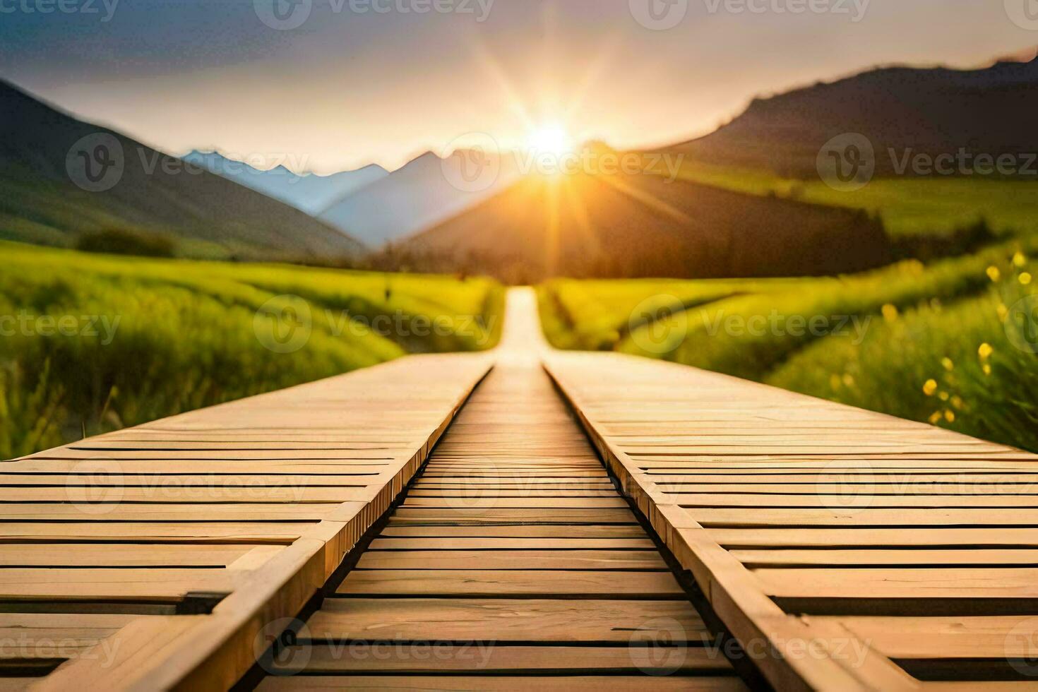 a wooden bridge leads to a sunset in the mountains. AI-Generated photo