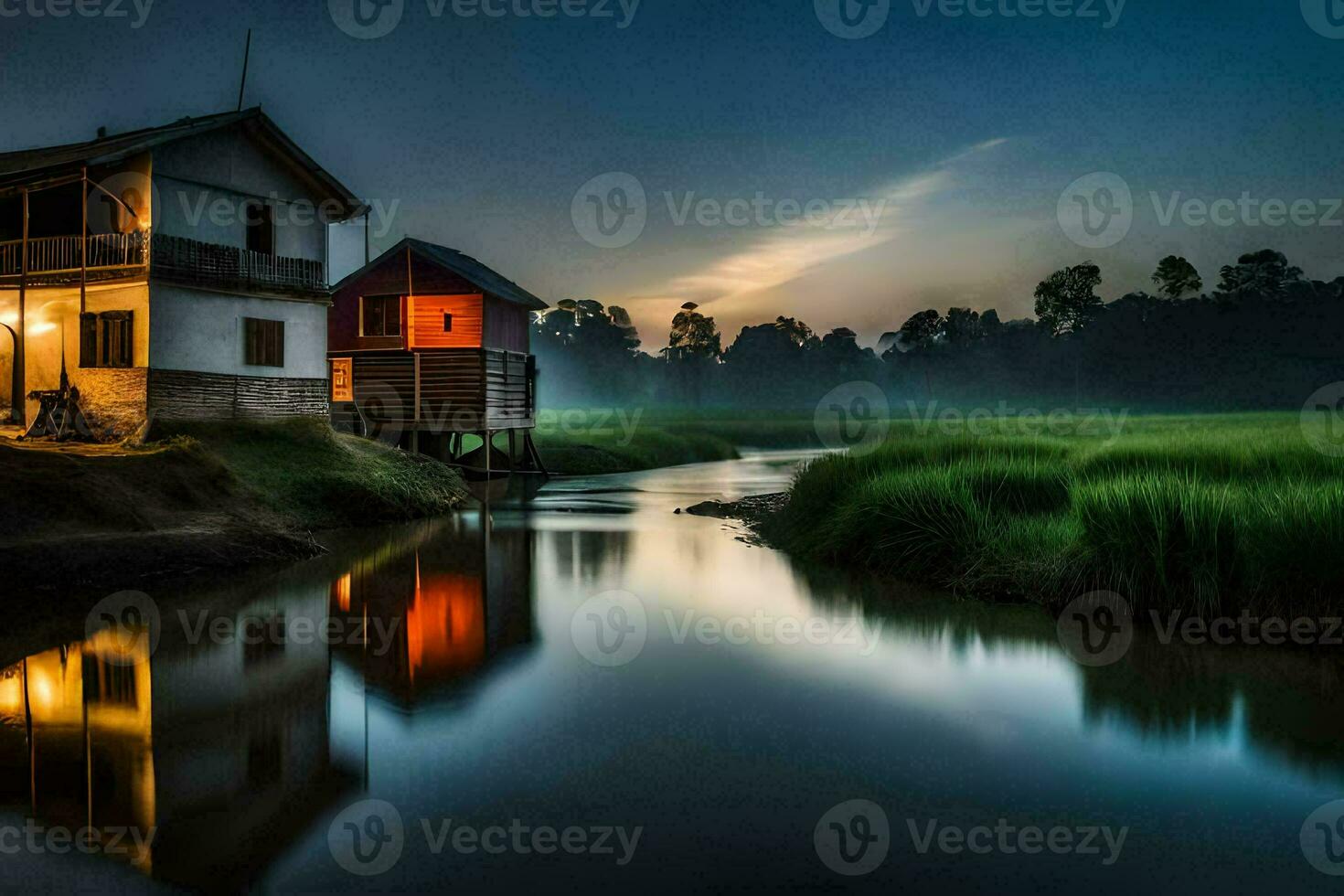 a house sits on the edge of a river at dusk. AI-Generated photo