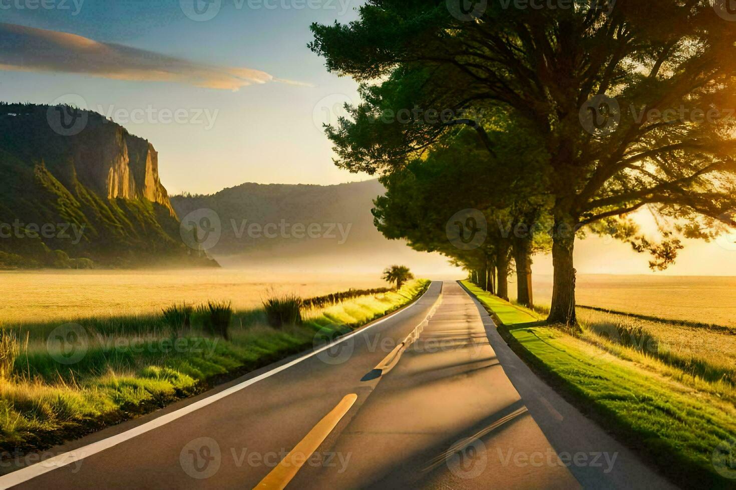 a long road with trees and grass in the middle of a field. AI-Generated photo