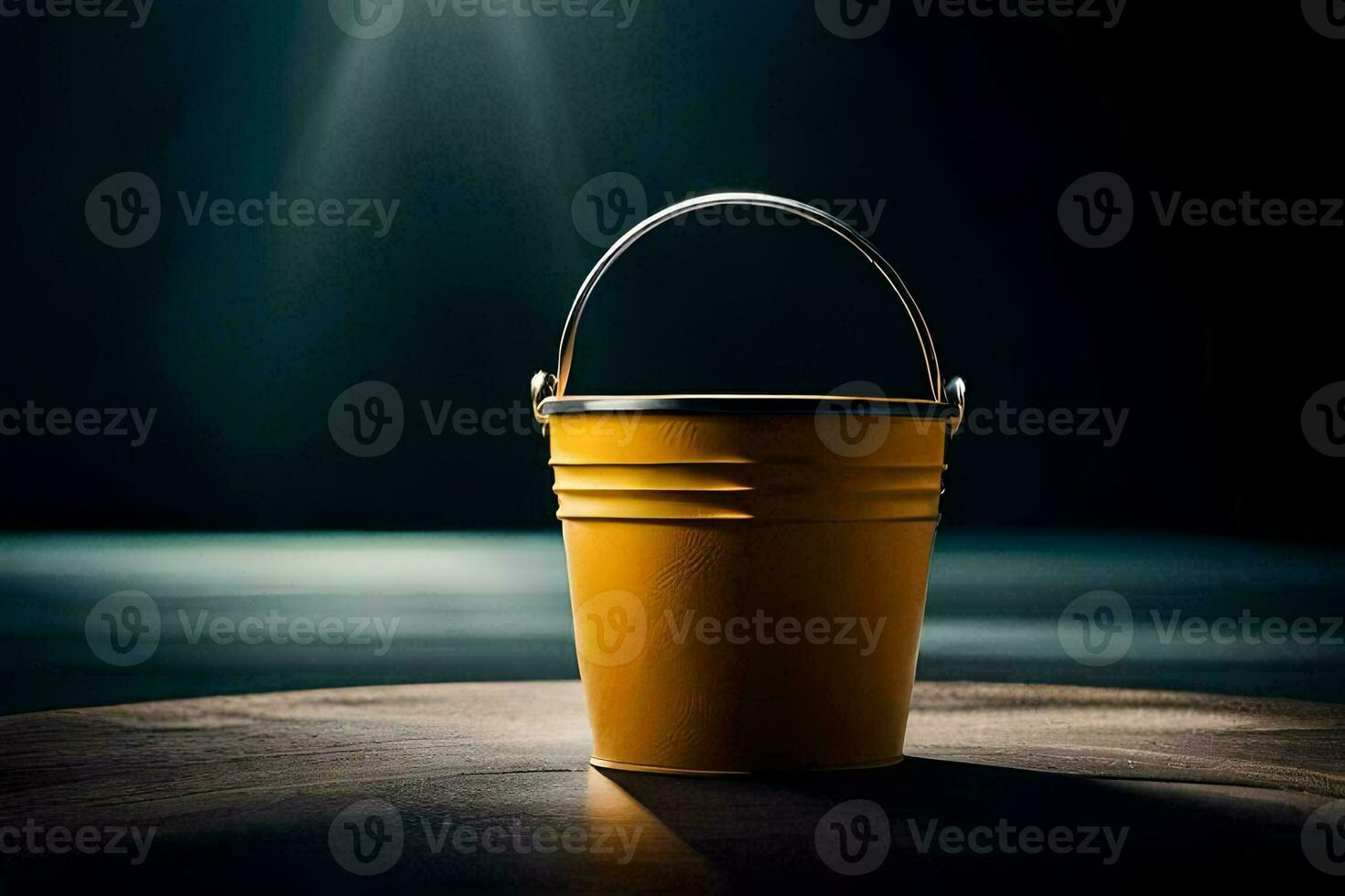 a yellow bucket on a table in front of a bright light. AI-Generated photo