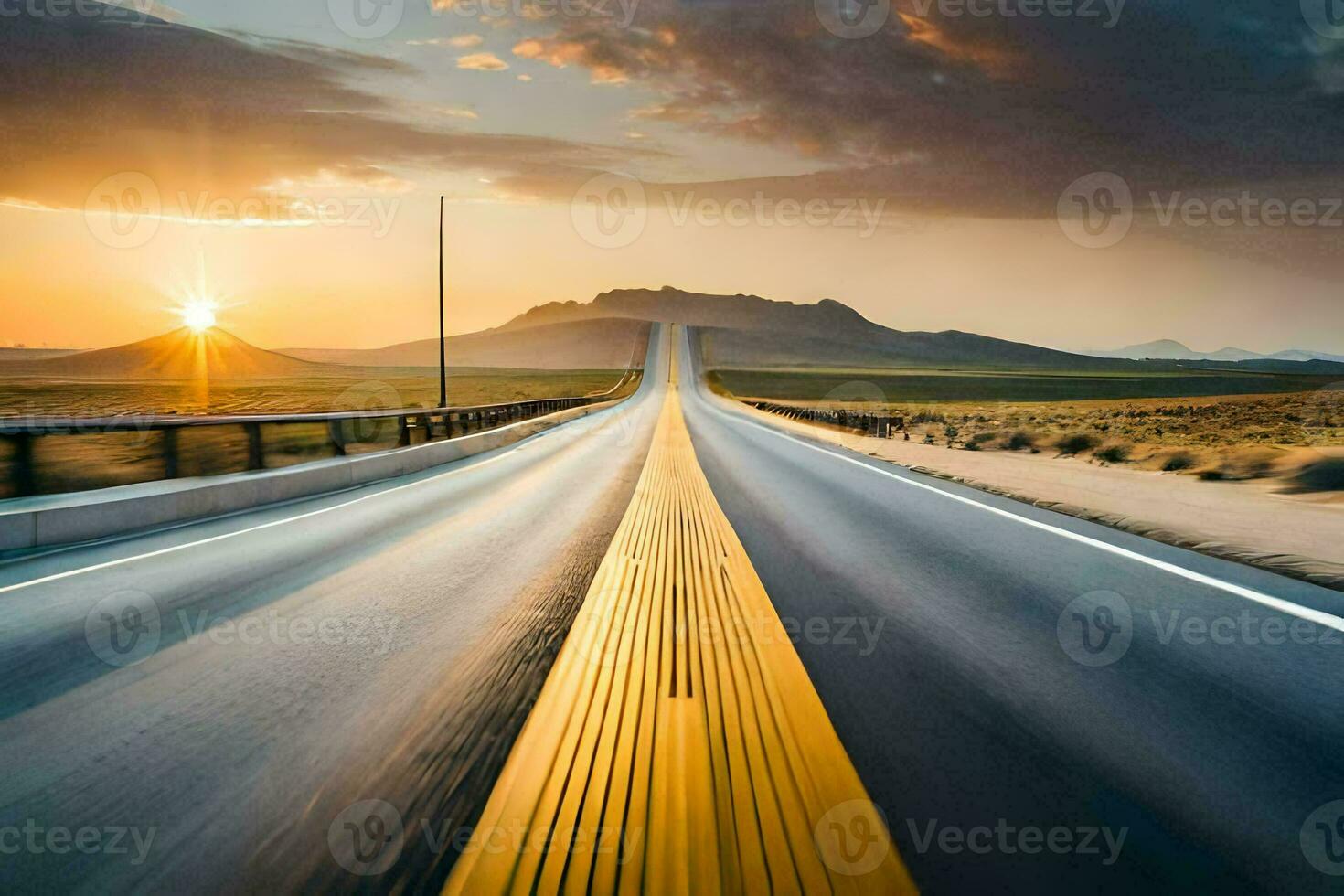 a highway with the sun setting behind it. AI-Generated photo