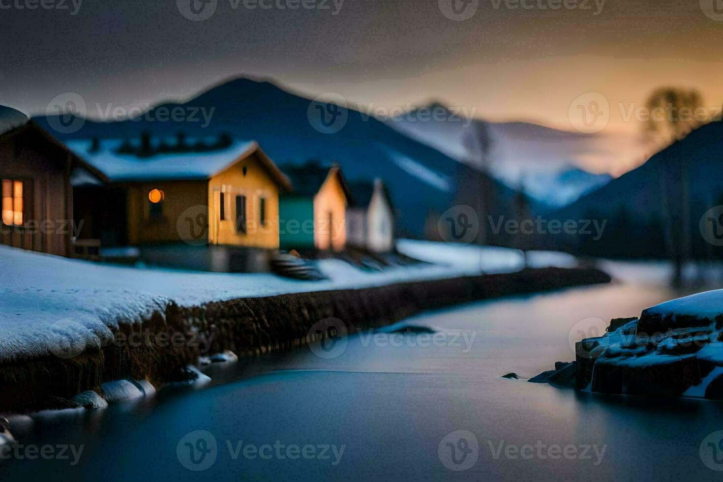 a river runs through a snowy mountain landscape. AI-Generated photo