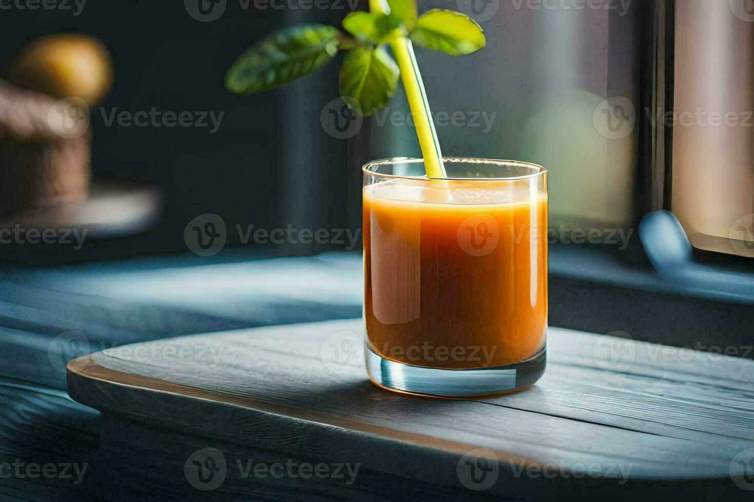 a glass of carrot juice on a table. AI-Generated photo