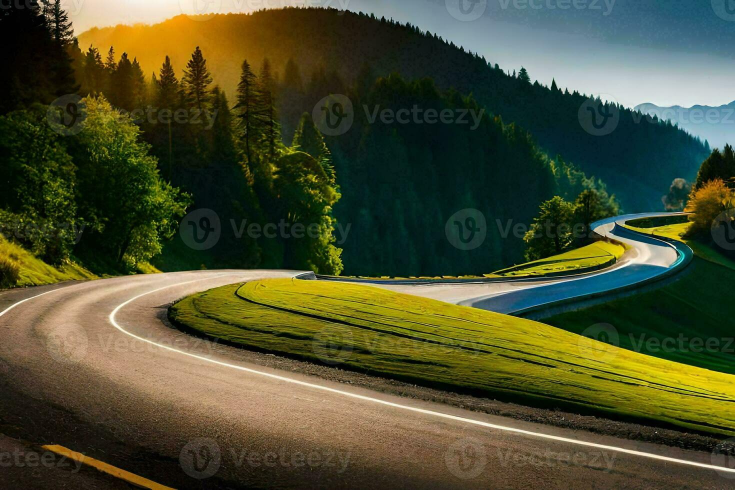 un devanado la carretera en el montañas con arboles y césped. generado por ai foto