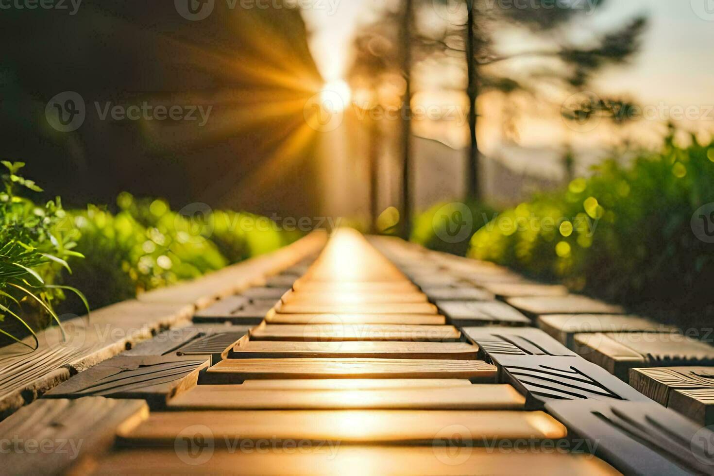 a wooden path leading to the sun. AI-Generated photo