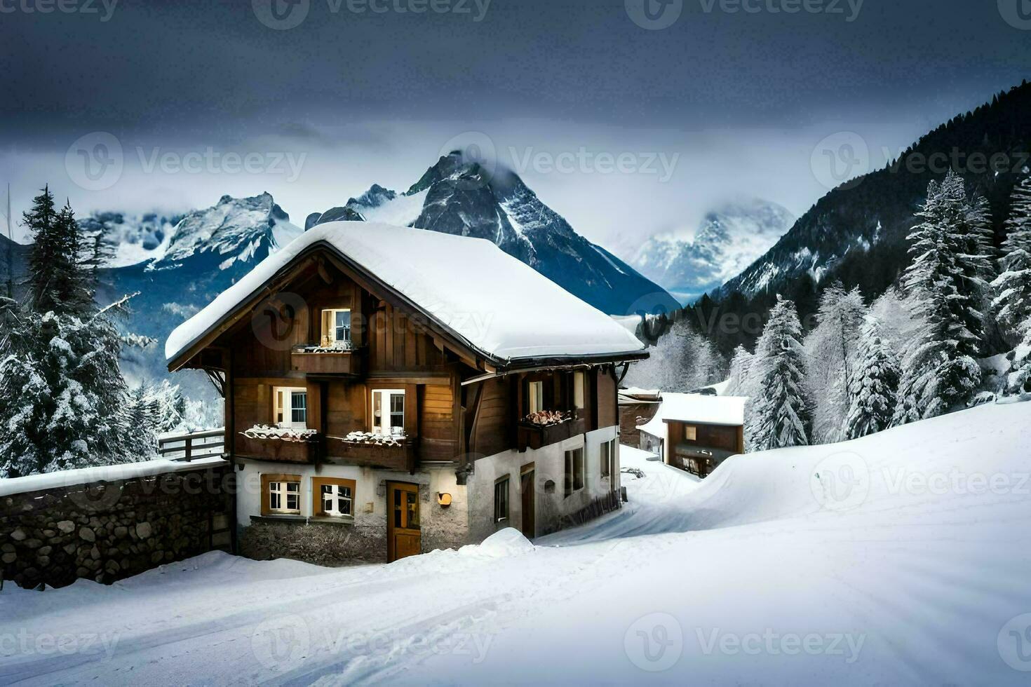 a house in the mountains covered in snow. AI-Generated photo