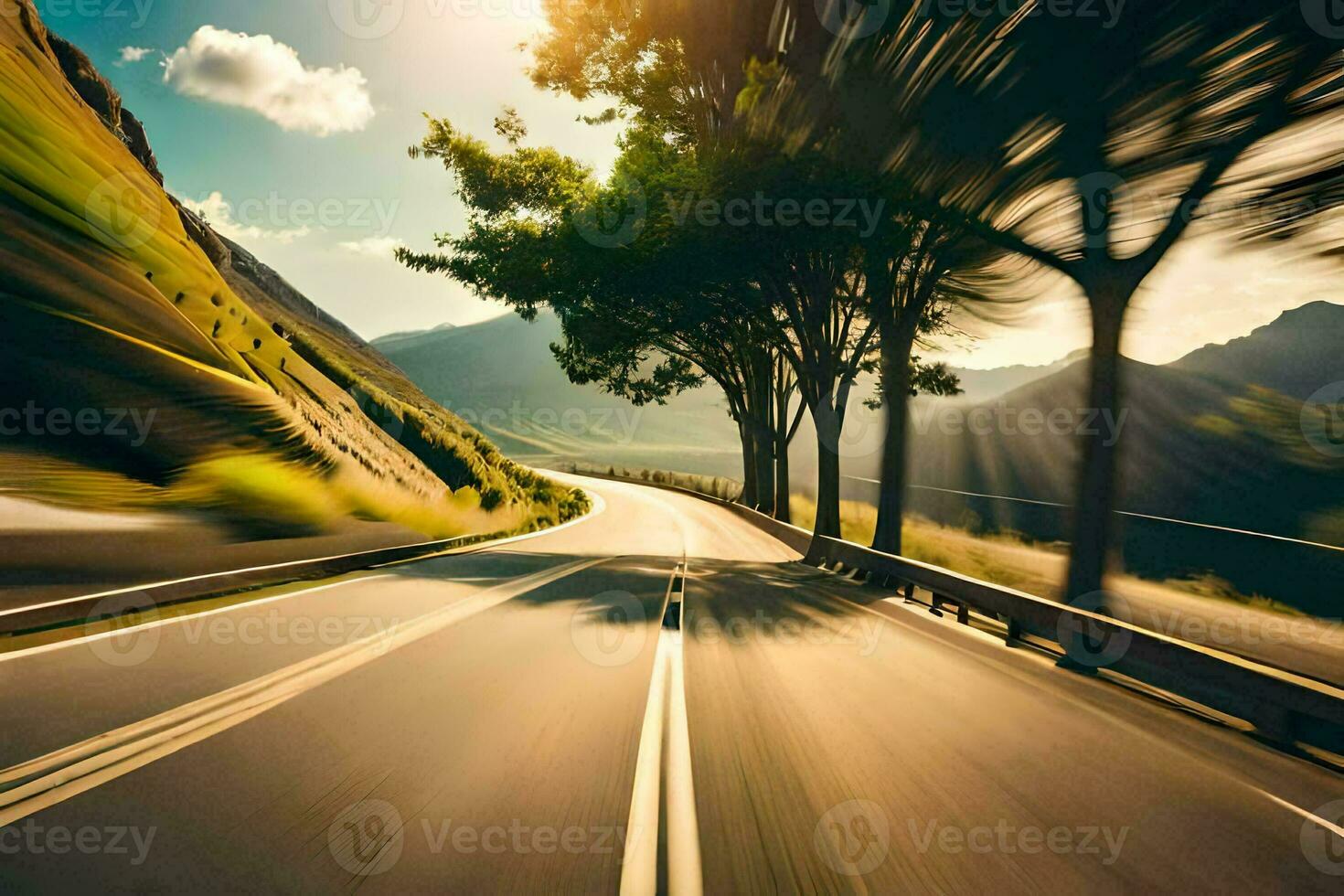 a car driving down a road with trees in the background. AI-Generated photo