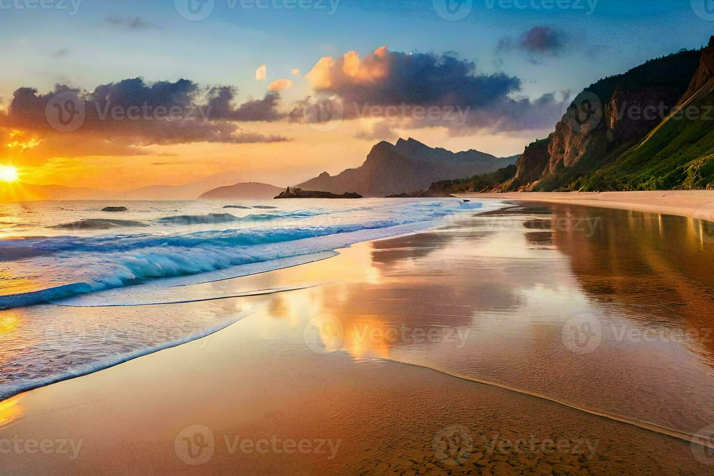 a beautiful sunset on a beach with waves. AI-Generated photo