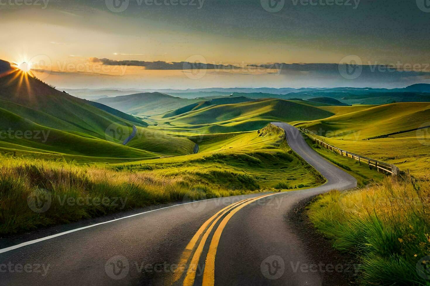 a road winding through the hills at sunset. AI-Generated photo