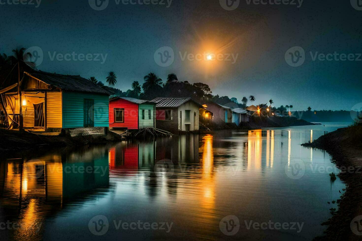 photo wallpaper the sky, night, the moon, the water, houses, the river, the. AI-Generated