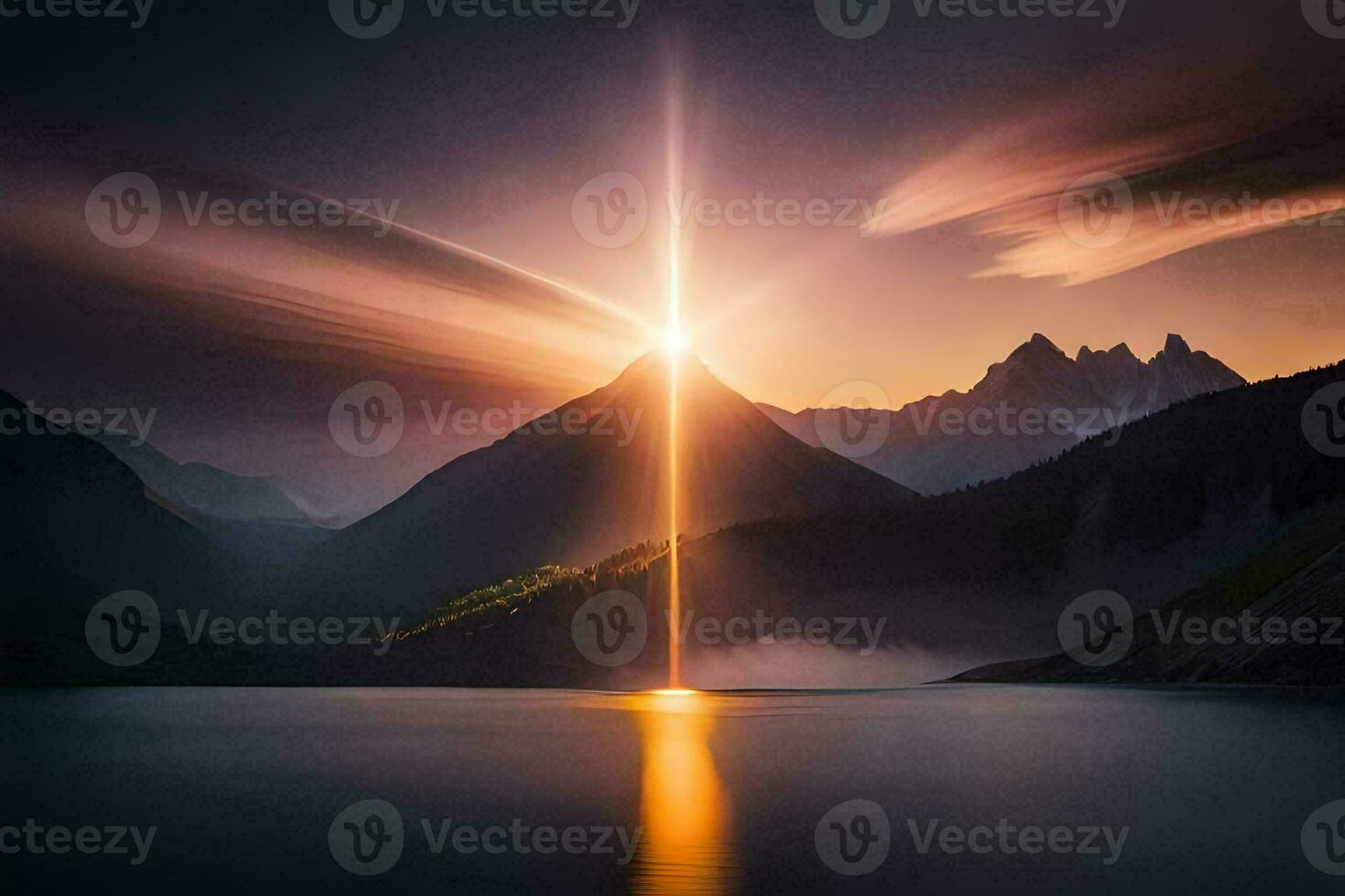 the sun shines over a mountain range and a lake. AI-Generated photo