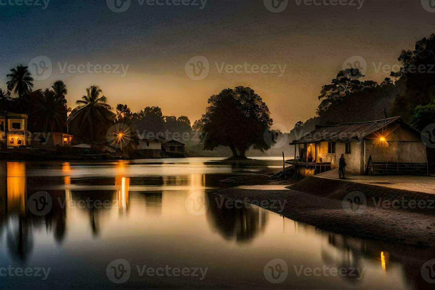 a house sits on the shore of a river at dusk. AI-Generated photo