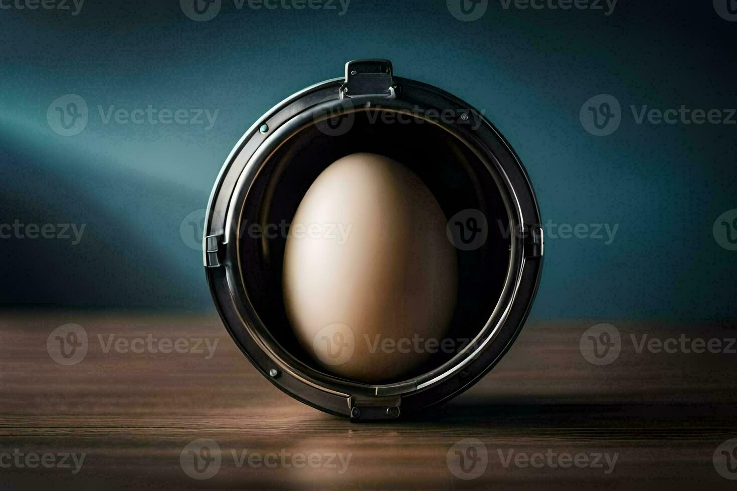 an egg in a metal container on a table. AI-Generated photo