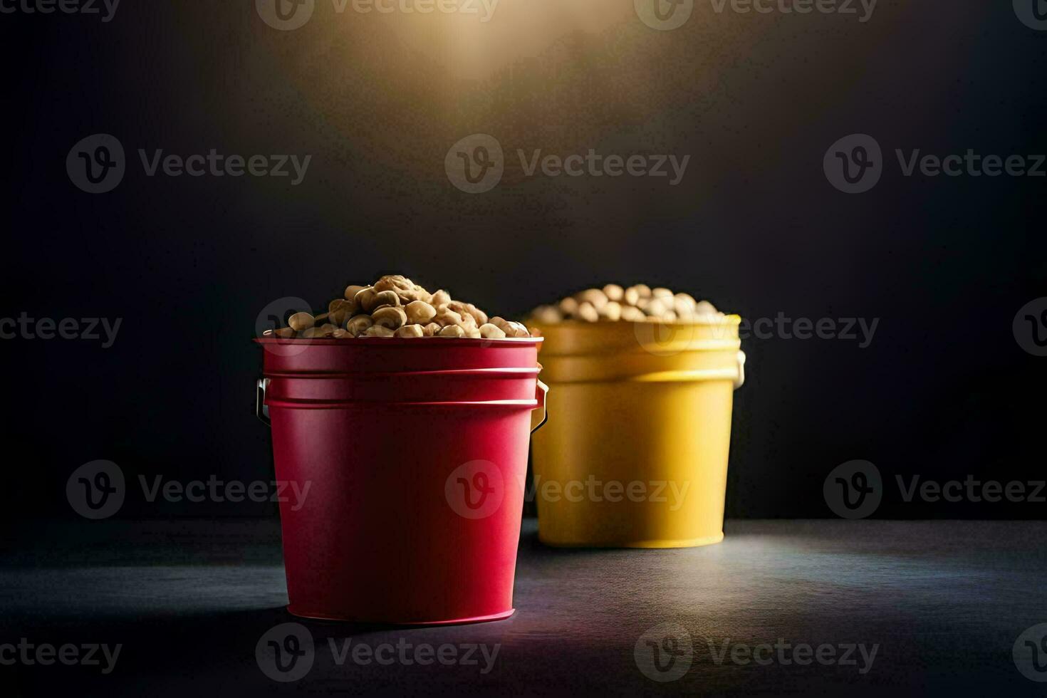 two buckets of peanuts on a dark table. AI-Generated photo