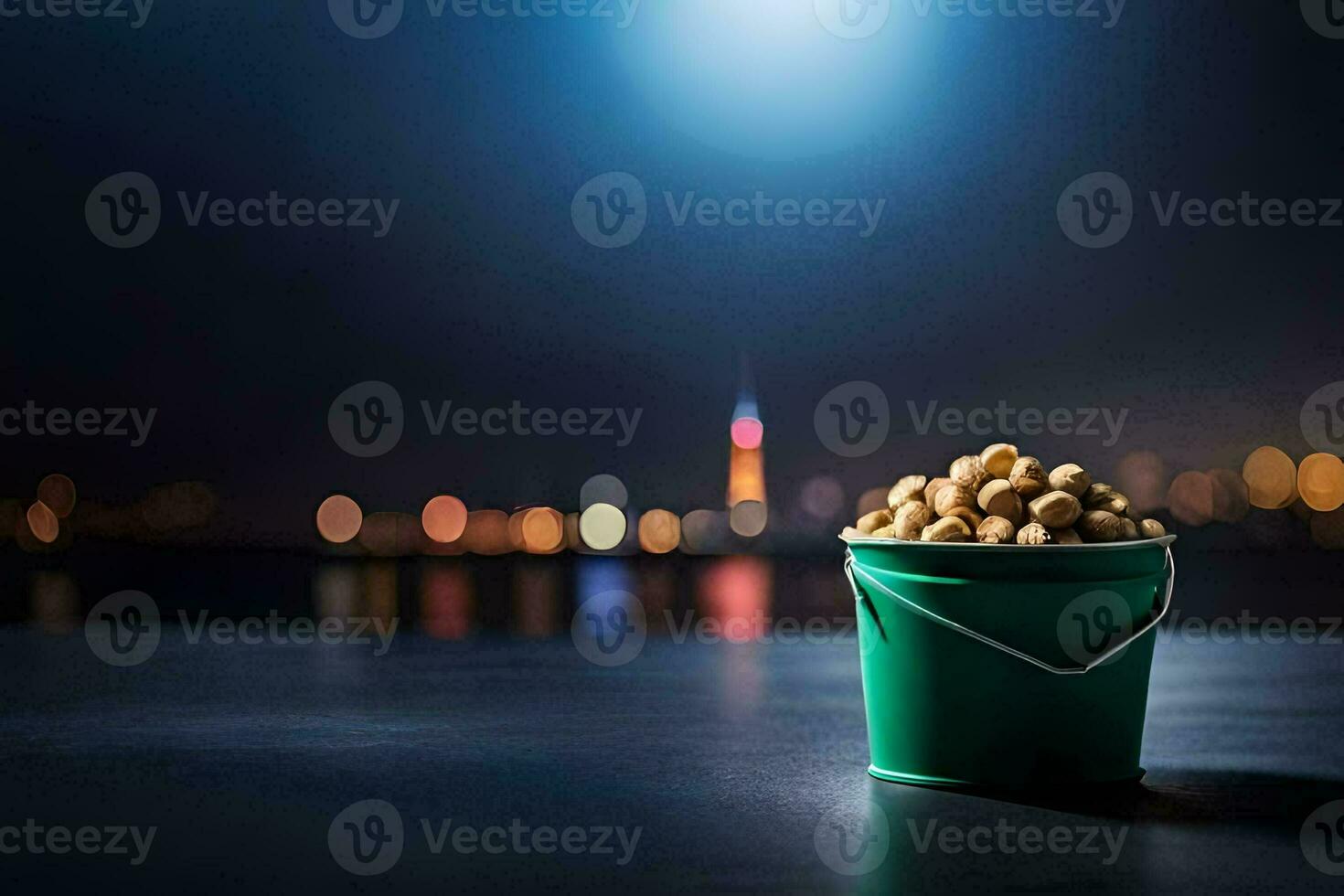 a bucket filled with peanuts sitting on a table in front of a city. AI-Generated photo