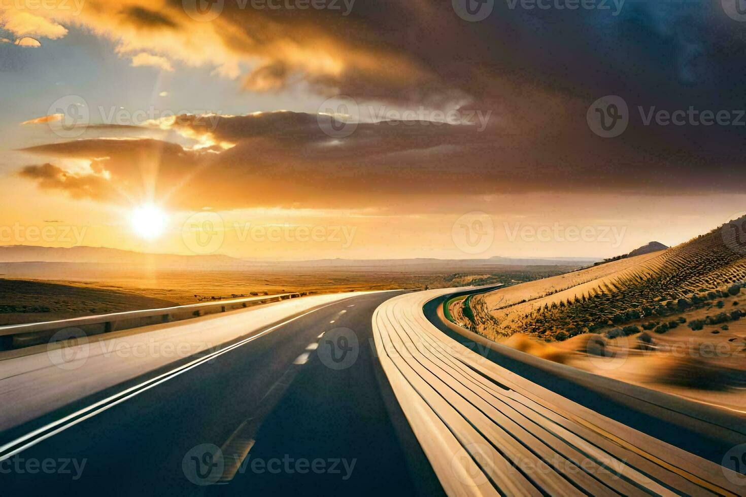 a highway with the sun setting in the distance. AI-Generated photo