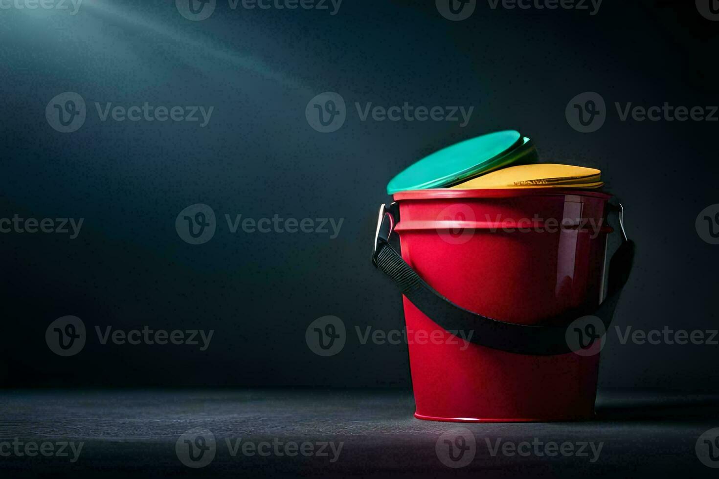 a red bucket with three colorful lids. AI-Generated photo