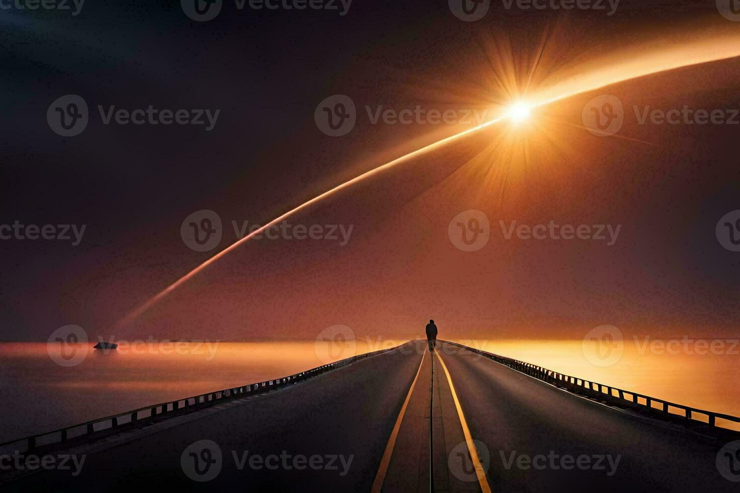 a man stands on the road looking at the sun. AI-Generated photo