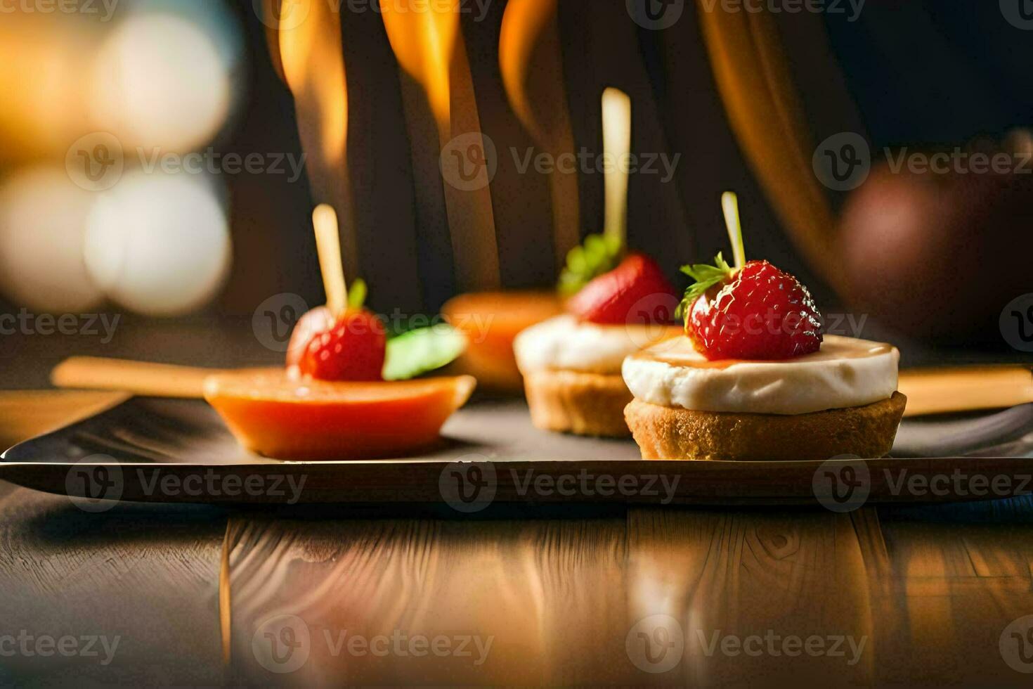 small desserts on a black plate with toothpicks. AI-Generated photo