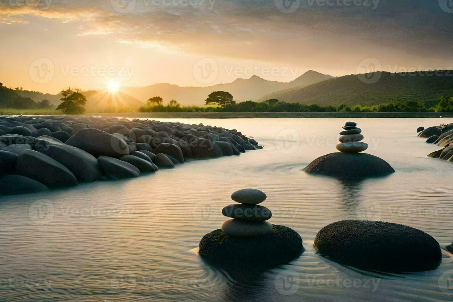 rocks stacked on top of each other in the water. AIGenerated 33934404