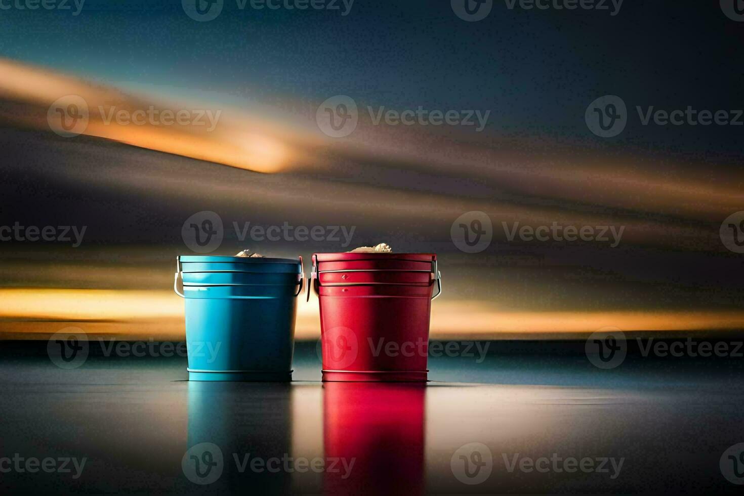 two buckets of red and blue paint on the beach. AI-Generated photo