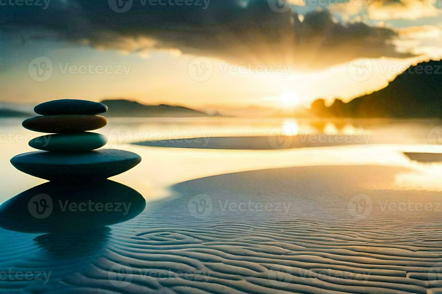 apilado piedras en el playa a puesta de sol. generado por ai foto