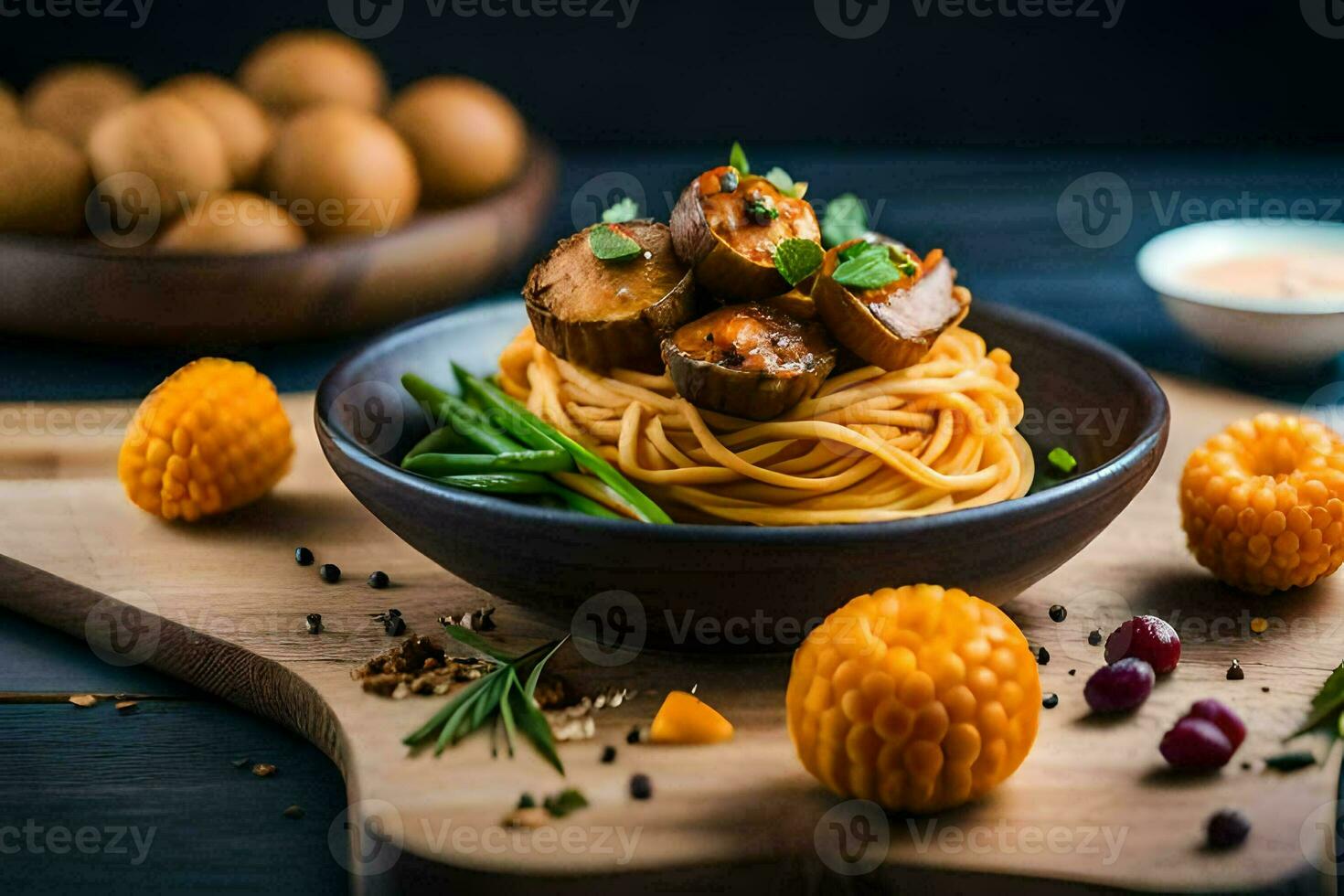 spaghetti with meat and vegetables on a wooden cutting board. AI-Generated photo