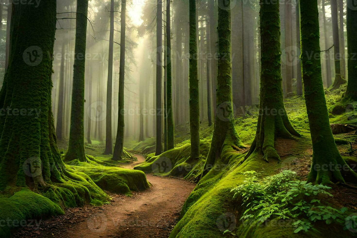 a path through a forest with mossy trees. AI-Generated photo