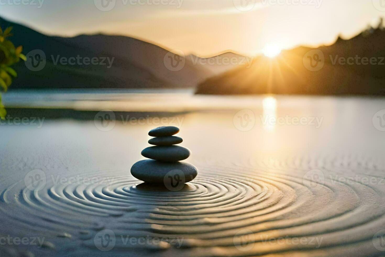 a stack of stones in the water at sunset. AI-Generated photo