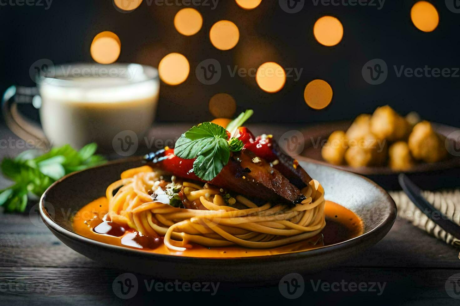 chicken and noodles in a sauce on a plate. AI-Generated photo