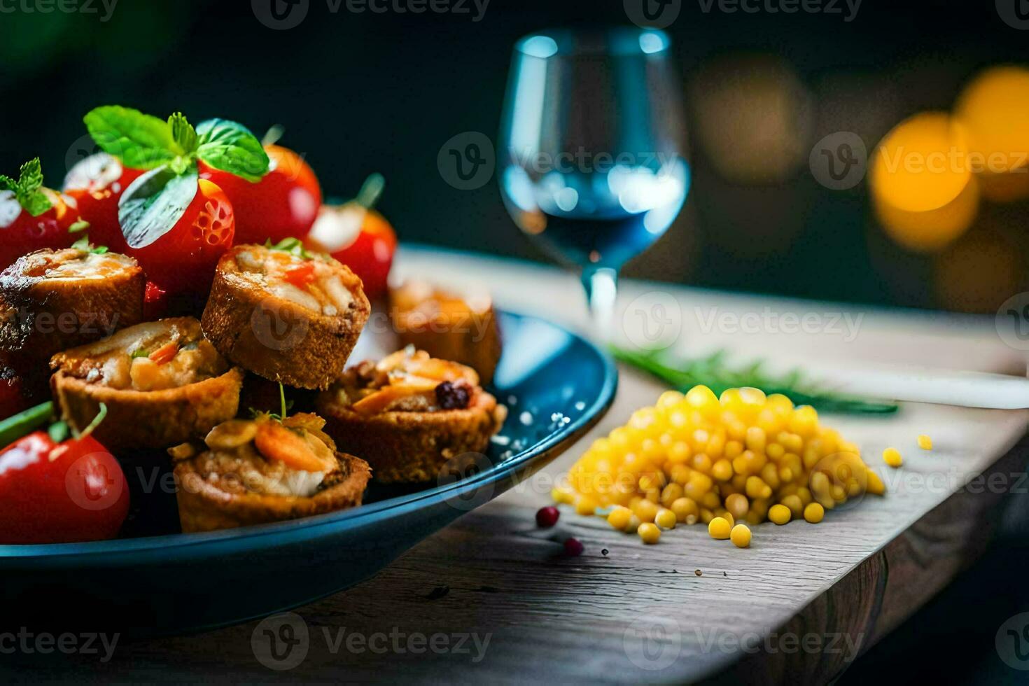 a plate of food with tomatoes, corn and cheese. AI-Generated photo