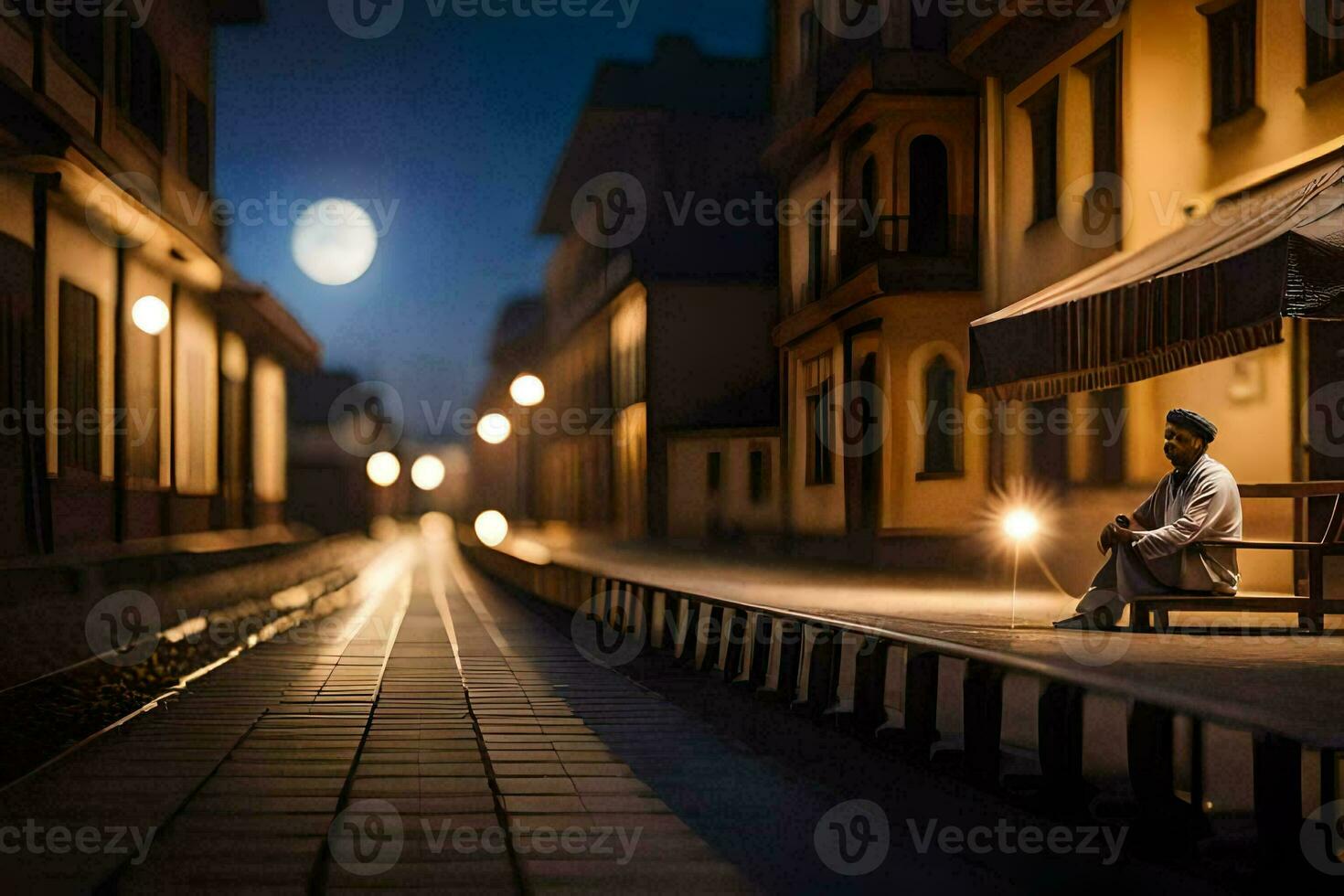 un hombre se sienta en un banco en el medio de un ciudad a noche. generado por ai foto