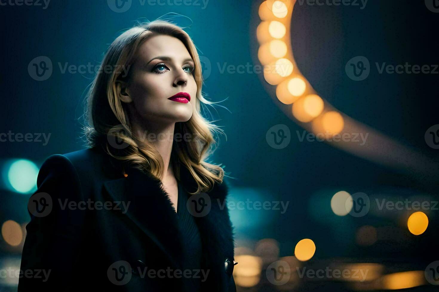 a woman in a black coat and red lipstick. AI-Generated photo