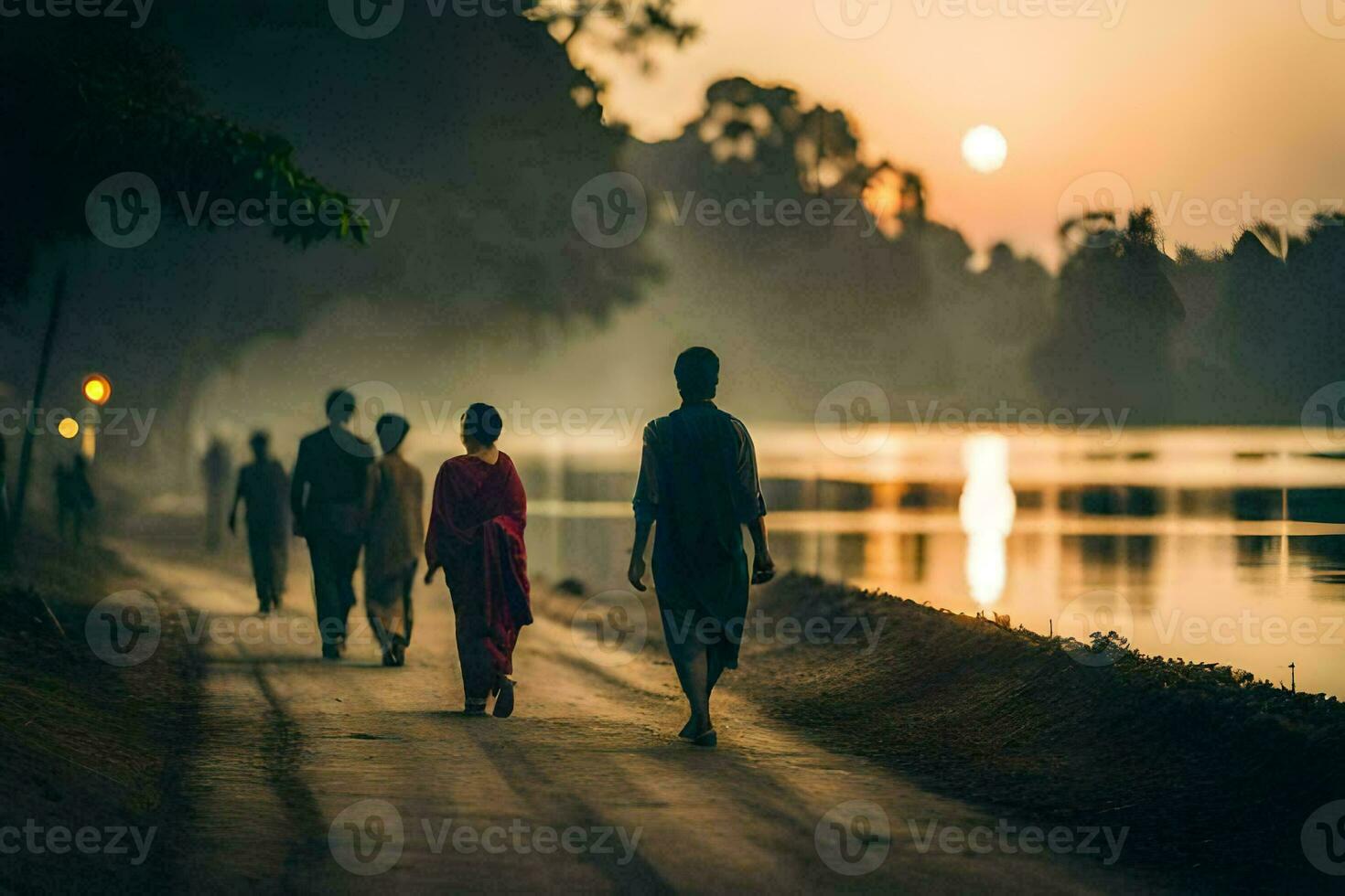 people walking along a road at sunset. AI-Generated photo