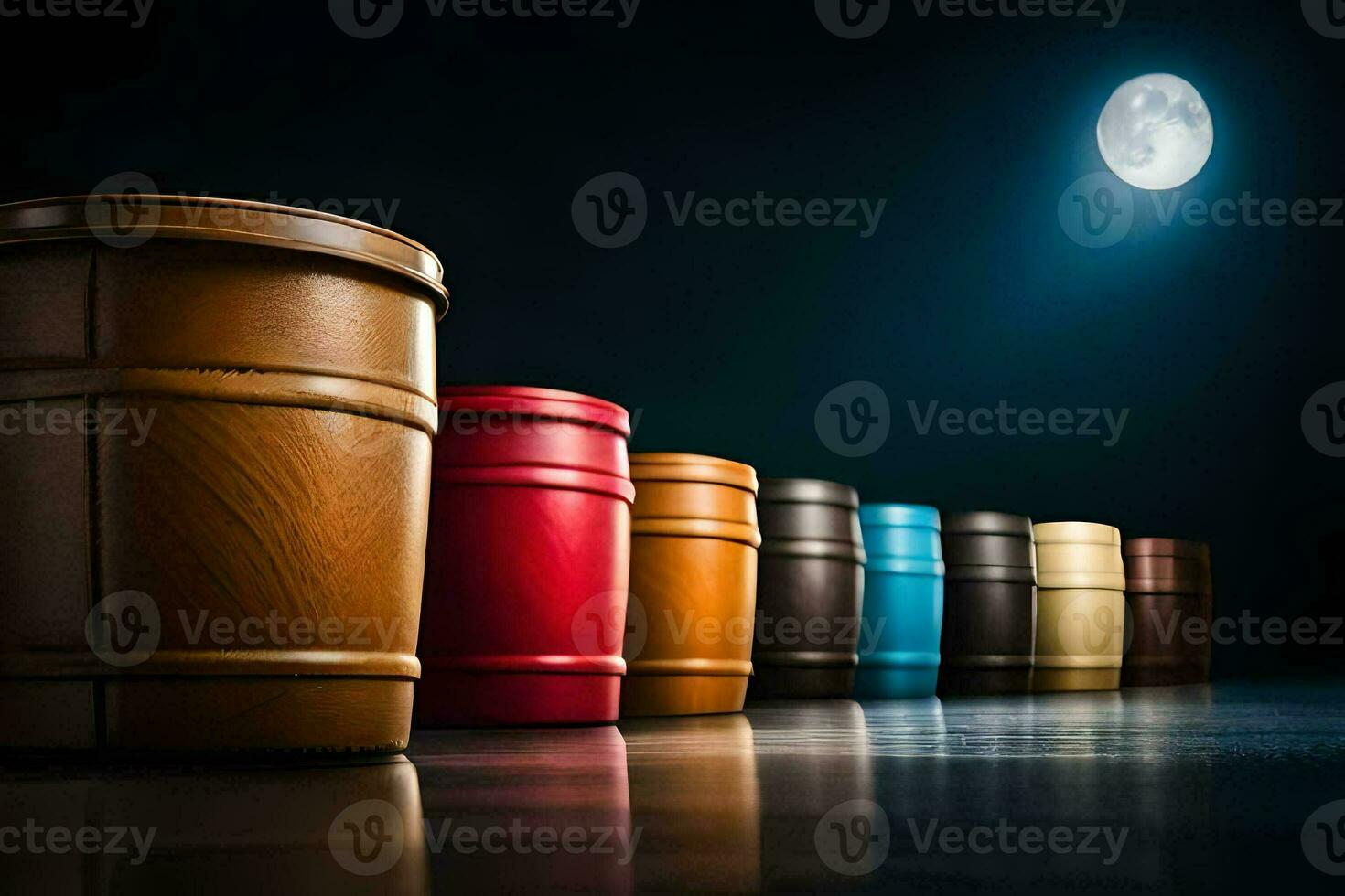 colorful wooden barrels lined up against a dark background. AI-Generated photo